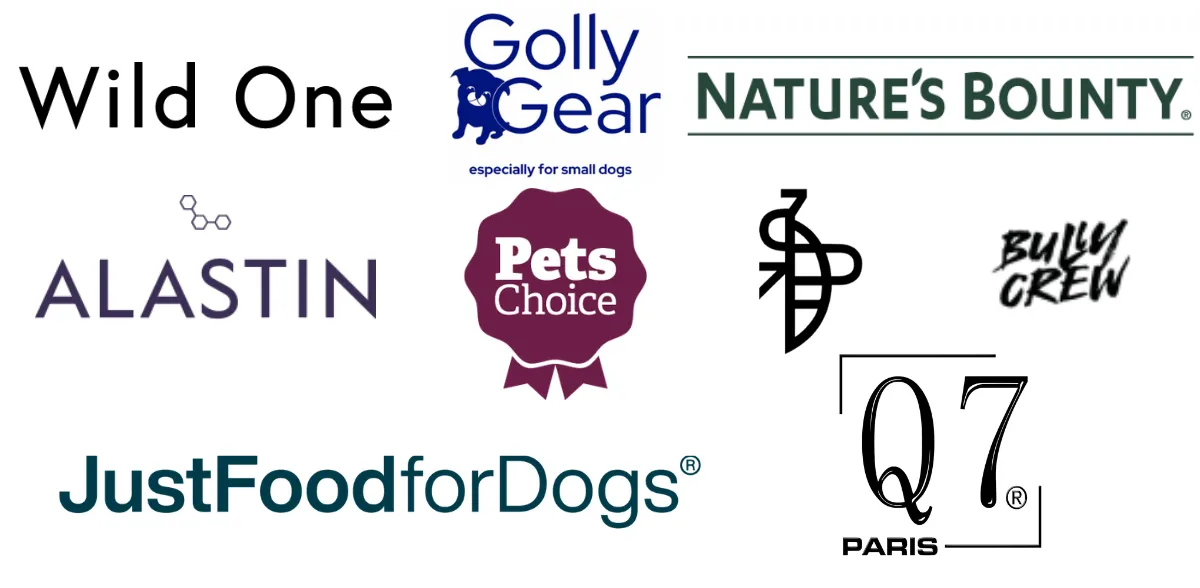 Logos of brands MELTWIND has worked with, including Wild One, Golly Gear, Nature’s Bounty, Alastin, Pets Choice, Bully Crew, JustFoodforDogs and Q7 Paris